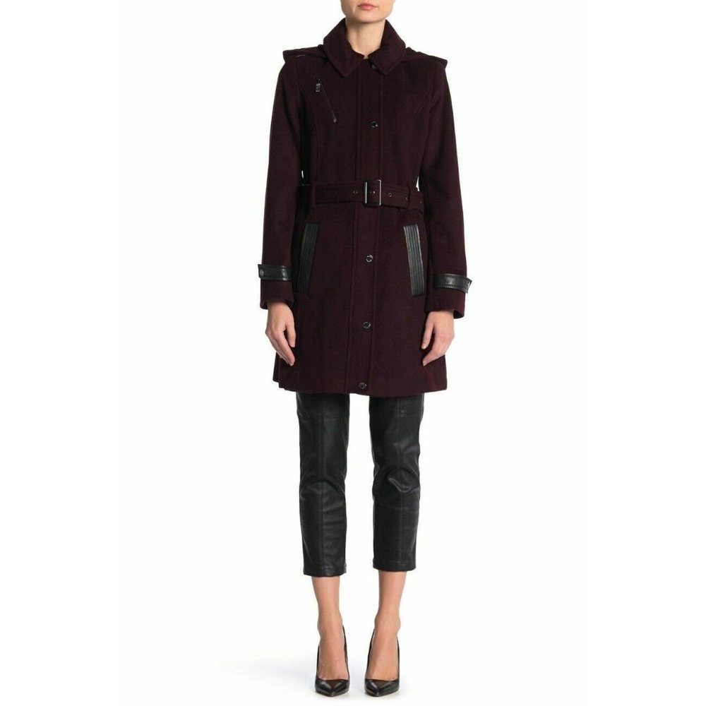 NEW Sz Medium M Michael Kors Belted faux Leather Trim Wool Hooded Coat Burgundy - Picture 2 of 9